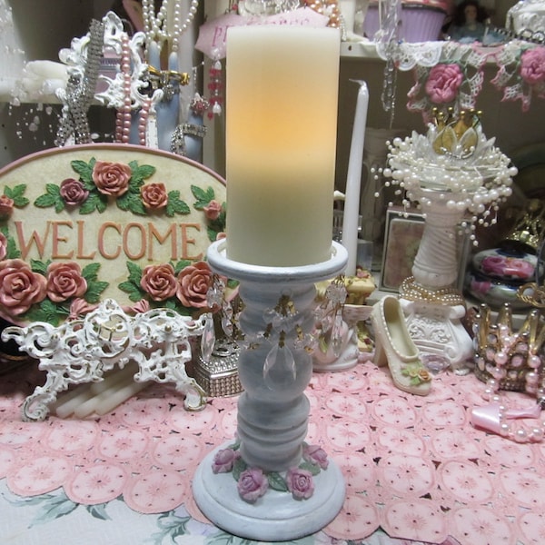 Whitewashed PILLAR CANDELHOLDER, Hand Painted, Added 28 Crystals, Wood, Added Pink Roses, LED Candle Included, Shabby Chic, Cottage