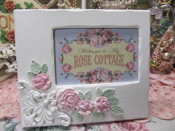 White PHOTO FRAME, Added Pink Roses and Ornate Corner, 4 x 6 Photo, Shabby Chic, Cottage, Pink Rose Decor, Cabbage Roses, Home Decor