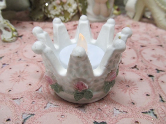 White CROWN Tealite CANDLEHOLDER w. LED Battery Candle, Pink Roses on Side, Shabby Chic, French Crown, Cottage, Crown Collector