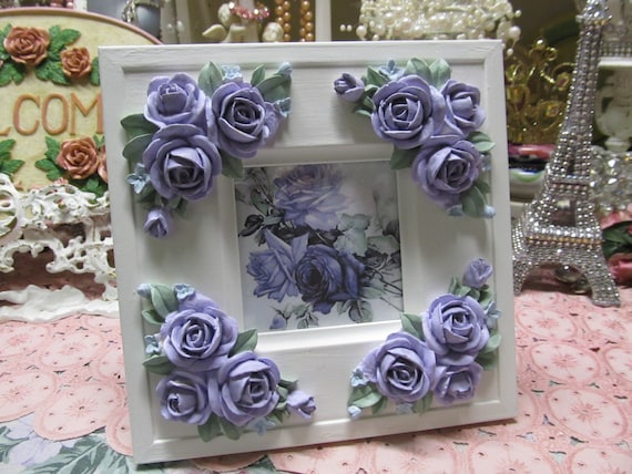 White Photo Frame with Lavender Roses, 4"x4" Photo, Hand Molded & Hand Painted Roses, Shabby Chic, Cottage, Romantic Home Decor
