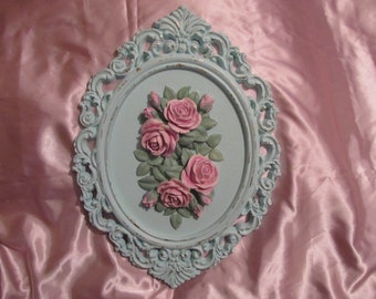 Aqua Blue Oval WALL DECOR, Added Pink Molded Roses, Ornate Frame, Distressed, Shabby Chic Decor, Cottage Decor, Victorian, Romantic Home
