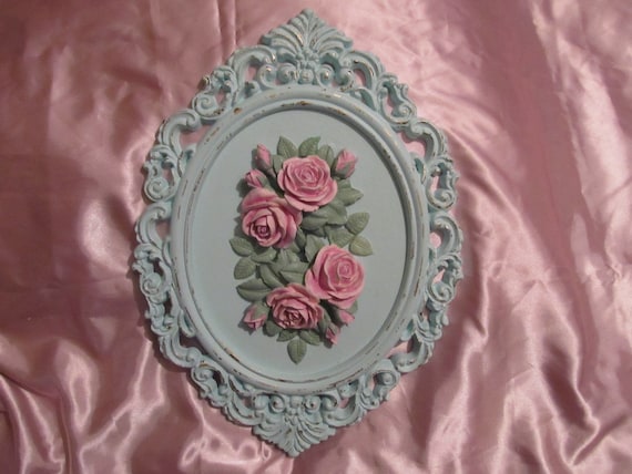 Aqua Blue Oval WALL DECOR, Added Pink Molded Roses, Ornate Frame, Distressed, Shabby Chic Decor, Cottage Decor, Victorian, Romantic Home