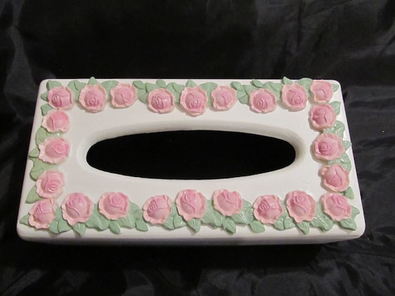 White TISSUE BOX COVER, Made of Wood, Hand Painted, Pink Molded Roses, Cottage Decor, Romantic Home Decor, Bathroom Decor,
