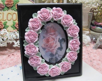 Black PHOTO FRAME with Pink Cabbage Rose Oval, 4"x6", Shabby Chic Decor. Pink Rose Decor. Cottage, Victorian, French, Romantic Home Decor