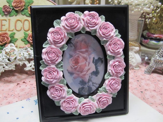 Black PHOTO FRAME with Pink Cabbage Rose Oval, 4"x6", Shabby Chic Decor. Pink Rose Decor. Cottage, Victorian, French, Romantic Home Decor