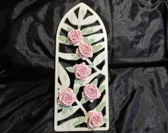White WALL DECOR, Arched Design, 6 Pink Molded Roses, Wood, Shabby Chic, Cottage