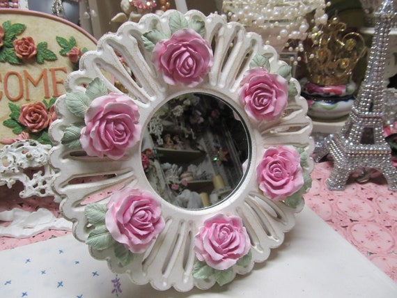 Round White STANDING MIRROR, with 6 Pink Molded Roses, Wood, Distressed, Shabby Chic, Cottage, Pink Rose Decor, Victorian