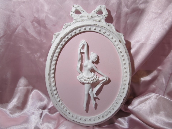 White Ballerina Oval WALL DECOR, Distressed Finish, Shabby Chic, Pink Room, Girls Room