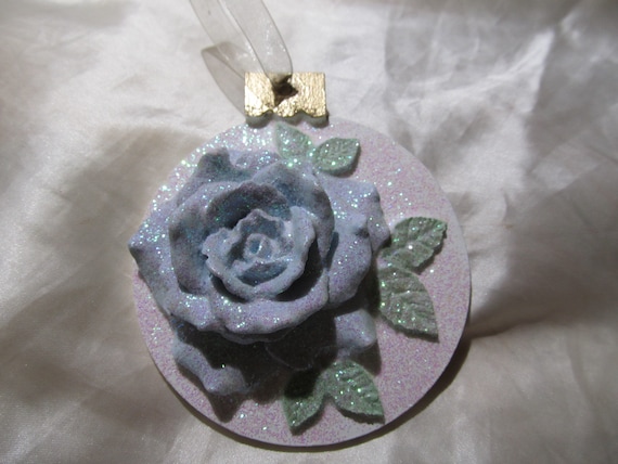 Blue Rose Christmas TREE ORNAMENT, Hand Molded, Hand Painted, Wood, Iridescent Glitter, Shabby Chic, Cottage, Blue Rose Christmas Decor