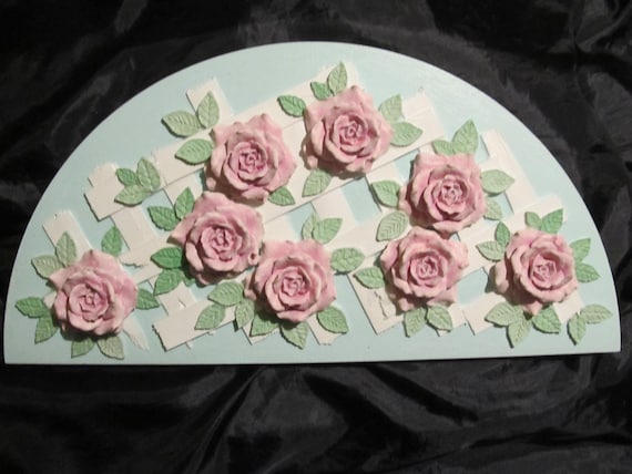 White Lattice WALL PEDIMENT, TOPPER, Arched, Standing, Pink Molded Roses, Wood, Wall Decor, Shabby Chic, Cottage , Pink Rose Decor