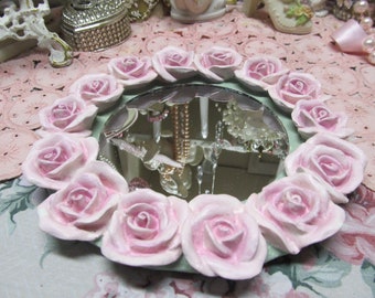 Pink Rose CANDLE PLATE/ Vanity Tray/ Mirror, Hand Molded and Hand Painted, Shabby Chic, Victorian, Cottage, Home Decor