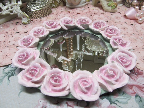 Pink Rose CANDLE PLATE/ Vanity Tray/ Mirror, Hand Molded and Hand Painted, Shabby Chic, Victorian, Cottage, Home Decor