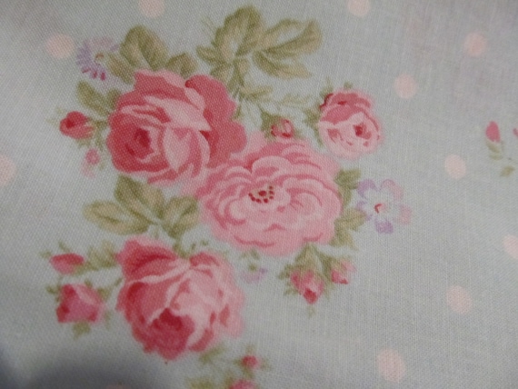 Craft Fabric, Pink Roses on Aqua Blue Background, 1 yard, 44" Wide, Sewing, Crafts, Shabby Chic, Victorian