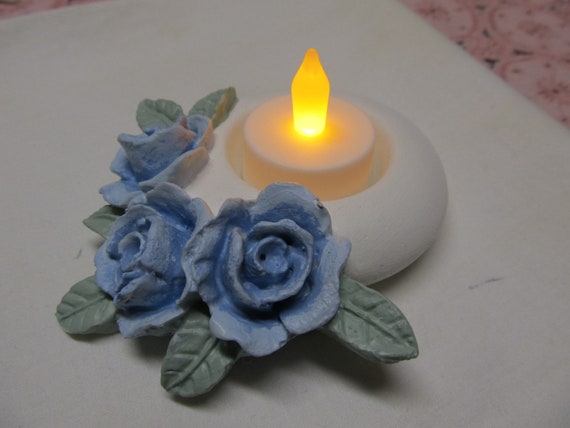 White TEALIGHT CANDLEHOLDER with Blue Roses, Hand Molded and Hand Painted. LED Candle, Shabby Chic, Cottage, Romantic Floral Home Decor