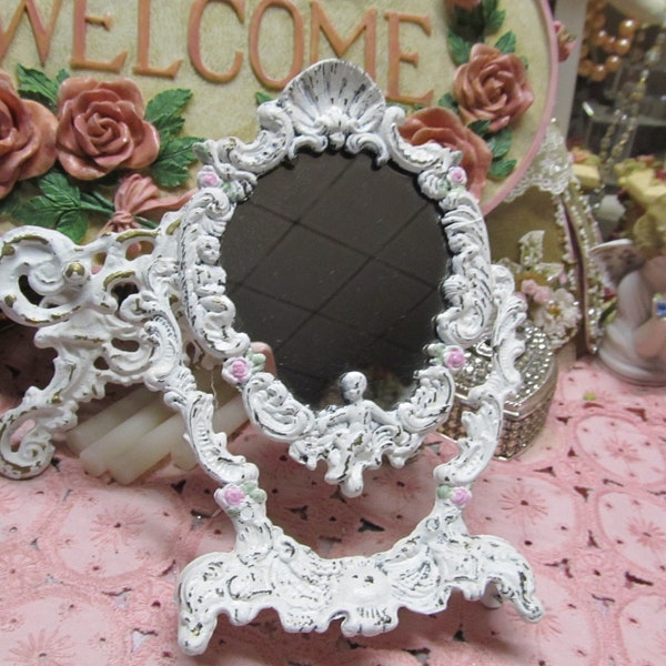 Small White STANDING MIRROR, Ornate designs, Cast Iron Material, Distressed, Decoupage Rose on Back, Shabby Chic, Cottage Chic, Vanity Decor