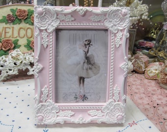Pink PHOTO FRAME with Ornate White Detailing, Easel Back, Tabletop Use, 5" x 7” Photo, Shabby Chic, Cottage Chic, Romantic Home Decor