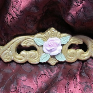 Gold Ornate Pediment with Pink Rose~WALL DECOR~Plaster, Handmade, Hand Painted, Shabby Chic, Cottage, Pink Rose Decor, Romantic Home Decor