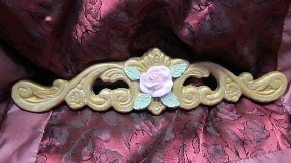 Gold Ornate Pediment with Pink Rose~WALL DECOR~Plaster, Handmade, Hand Painted, Shabby Chic, Cottage, Pink Rose Decor, Romantic Home Decor