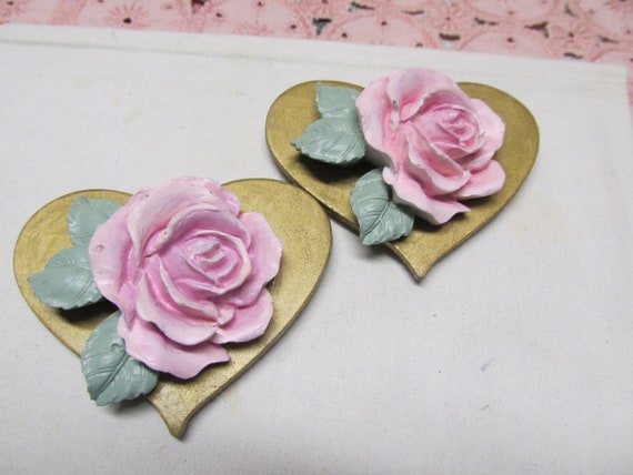 Set of 2 Pink ROSE MAGNETS on Gold Heart Wood, Hand Made, Hand Painted, Shabby Chic, Cottage, Fridge Magnets, Cabbage Rose, Home Decor