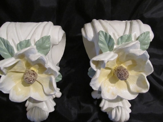 2 White DRAPE ROD HOLDERS with White Magnolia Motif, Hand Painted, Shabby Chic, Cottage Decor, Romantic Home Decor, Victorian