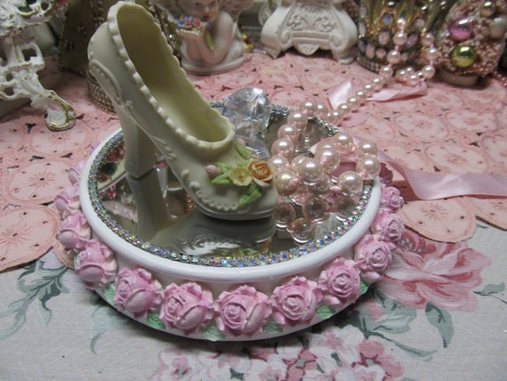White Display Pedestal Mirror, Wood, All Hand Painted, Iridescent Rhinestones, 23 Pink Roses, Shabby Chic, Cottage, Vanity Decor, Gorgeous!!