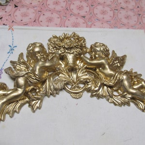 All Gold CHERUB PEDIMENT, Wall Decor, Hand Molded and Painted, Topper, Shabby Chic, Cottage, Putti, Victorian, Romantic Home Decor