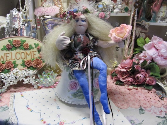 Sitting SPRING FAERIE, Soft Doll, Embellished, Altered Art, Rhinestones, Ribbon Roses, Satin Ribbons, Faerie Wings, Holding a Rose, Whimsy,