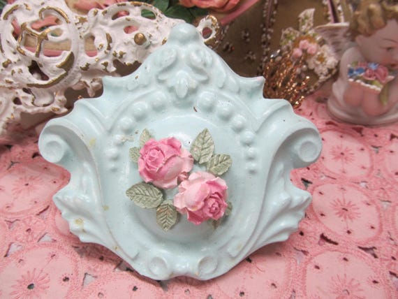 Aqua Blue Cartouche WALL DECOR w. 2 PinkRoses, Plaster Resin, Ornate, Architectural Decor, Shabby Chic, Cottage, Victorian, Home Decor