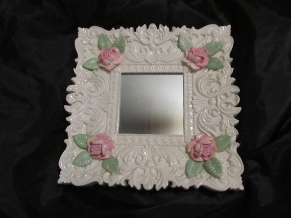 White WALL MIRROR, Wall Decor, Square, Ornate, Glossy Finish, Pink Roses with Leaves, Shabby Chic, Cottage Decor, Pink Rose Decor