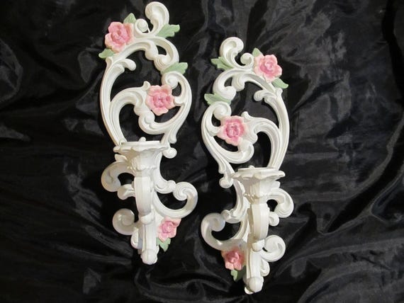 White Wall CANDLE SCONCES, With Pink Florals, for Taper Candles, Cottage, Shabby Chic Decor, Romantic Home Decor