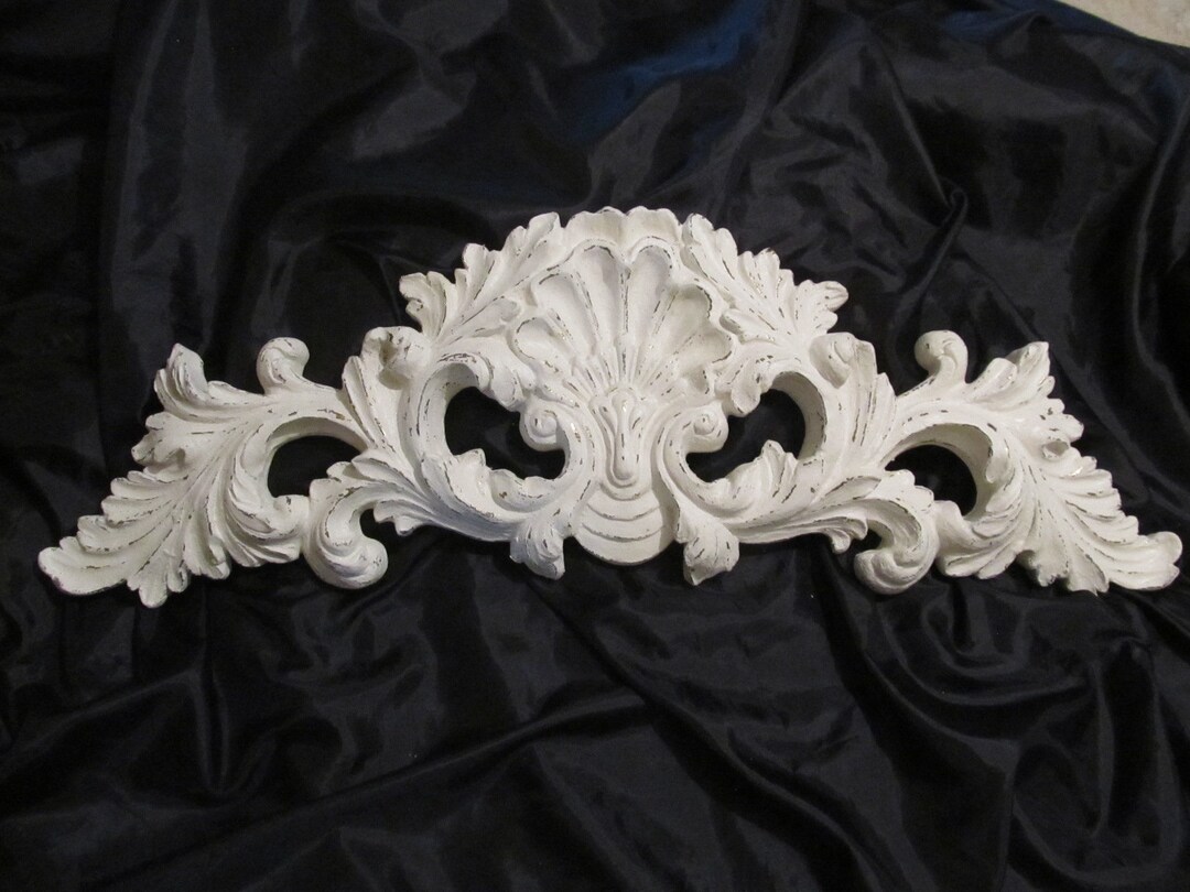 Large White Ornate WALL PEDIMENT, Resin, Hand Painted, Distressed, Door