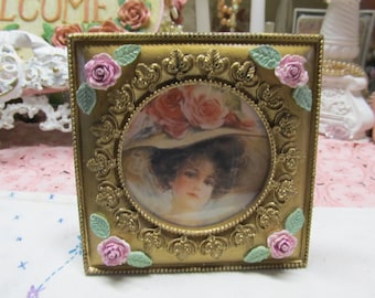 Gold Square PHOTO FRAME with Ornate Detailing, Pink Roses, 3.5" x 3.5" photo, Shabby Chic Decor. Cottage, Victorian, Old World, Home Decor
