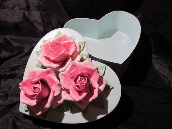 HEART BOX, Pastel Aqua Blue, Embellished with 3 Hand Made & Hand Painted Roses, Shabby Chic, Storage Box, Home Decor, Cottage, Romantic Box