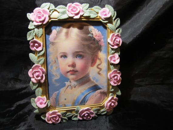 Pink Roses PHOTO FRAME, 5" x 7", Thick Resin, Hand Painted, Original Shabby Chic, Cottage, Pink Decor