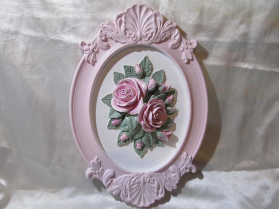 Pink Oval WALL DECOR, Added Pink Molded Roses, Ornate Frame, Shabby Chic Decor, Cottage Decor, Victorian, Pink Room  Decor