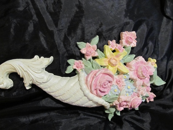 White Cornucopia with Florals WALL DECOR, Hand Painted, Shabby Chic, Cottage, Thanksgiving Decor