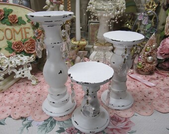 All White PILLAR CANDELHOLDERS, Set Of 3, Hand Painted, Distressed, Added Double Crystals on Each, Wooden Material, Shabby Chic, Cottage