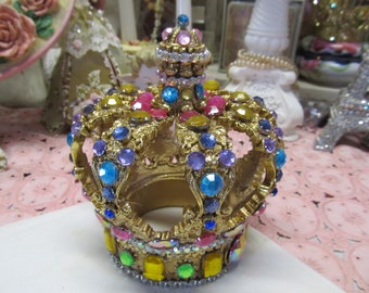 Gold Crown Decor, Embellished with Colored Rhinestones, Resin, Crown Decor, Shabby Chic, French Crown, Bling Chic, Hollywood Regency,