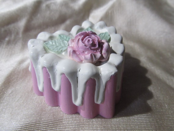 FAUX Strawberry Heart CAKE, Pink Rose Top, Hand Molded and Hand Painted, Shabby Chic, Cottage, Pink Rose Decor, Faux Food, Kitchen Decor