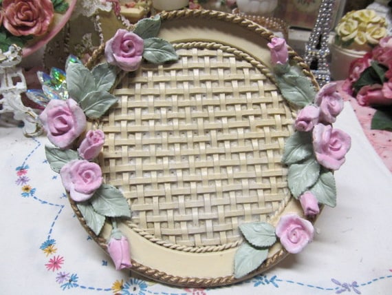 Pink Roses Decor Plate Home Decor, Wall Decor, Resin, Hand Painted, Shabby Chic, Cottage, Victorian, Romantic Home, Pink Rose Decor