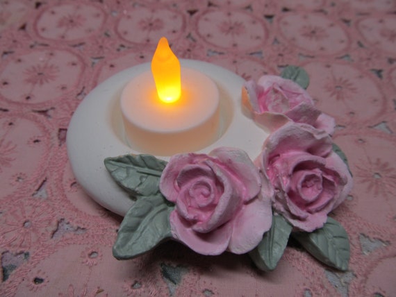 White TEALIGHT CANDLEHOLDER with Pink Roses, Hand Molded and Hand Painted. LED Candle, Shabby Chic, Cottage, Romantic Floral Home Decor