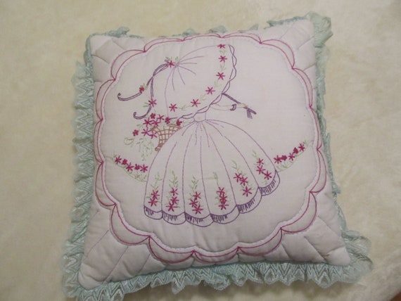Vintage DECOR PILLOW, Hand Embroidered, 16"x16"Square, Lady with Umbrella Design, Lace Edges, Shabby Chic, Cottage, Victorian Decor