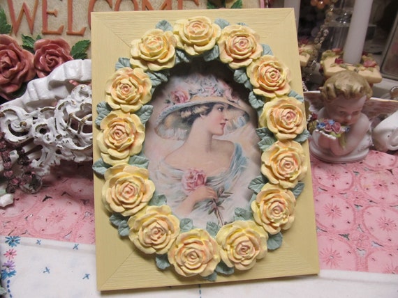Yellow PHOTO FRAME with Yellow Rose Oval, Tabletop, 4"x6", Hand Molded & Hand Painted Roses, Shabby Chic, Cottage, Yellow Cabbage Roses