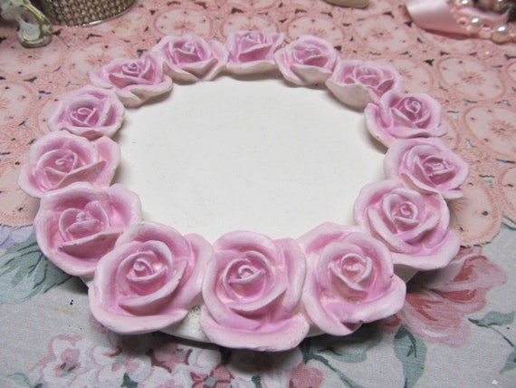 Pink Rose CANDLE PLATE/ Vanity Tray, Hand Molded and Hand Painted, Shabby Chic, Victorian, Cottage, Home Decor