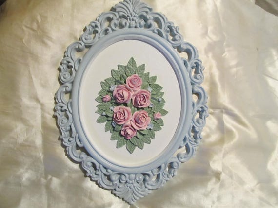 Blue Oval WALL DECOR, Added Pink Molded Roses, Ornate Frame, Shabby Chic Decor, Cottage Decor, Victorian, Blue Room  Decor