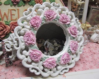 Round White WALL MIRROR, with 9 Pink Molded Roses, Ornate Design, Resin Plastic, Shabby Chic, Cottage, Pink Rose Decor, Victorian
