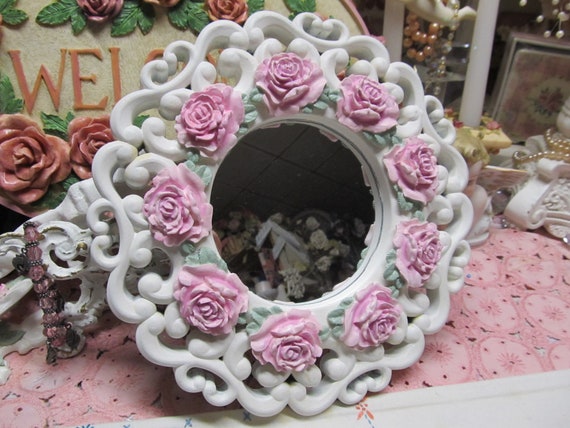 Round White WALL MIRROR, with 9 Pink Molded Roses, Ornate Design, Resin Plastic, Shabby Chic, Cottage, Pink Rose Decor, Victorian
