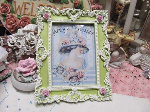 Ornate PHOTO FRAME, Lime Green & White, 5"x7" Photo, Pink Roses, Hand Molded, Painted Frame, Shabby Chic, French Country, Victorian Decor