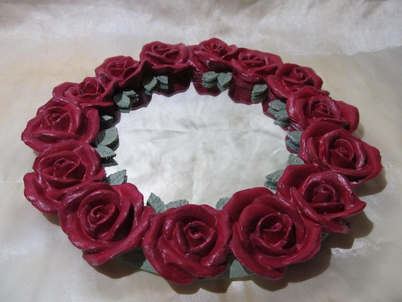 Red Rose CANDLE PLATE/ Vanity Tray, Hand Molded and Hand Painted, Mirror Added, Shabby Chic