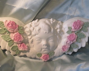 White Cherub WALL DECOR/PEDIMENT, Plaster resin, Hand Molded & Painted, Pink Roses, Shabby Chic, Romantic Decor